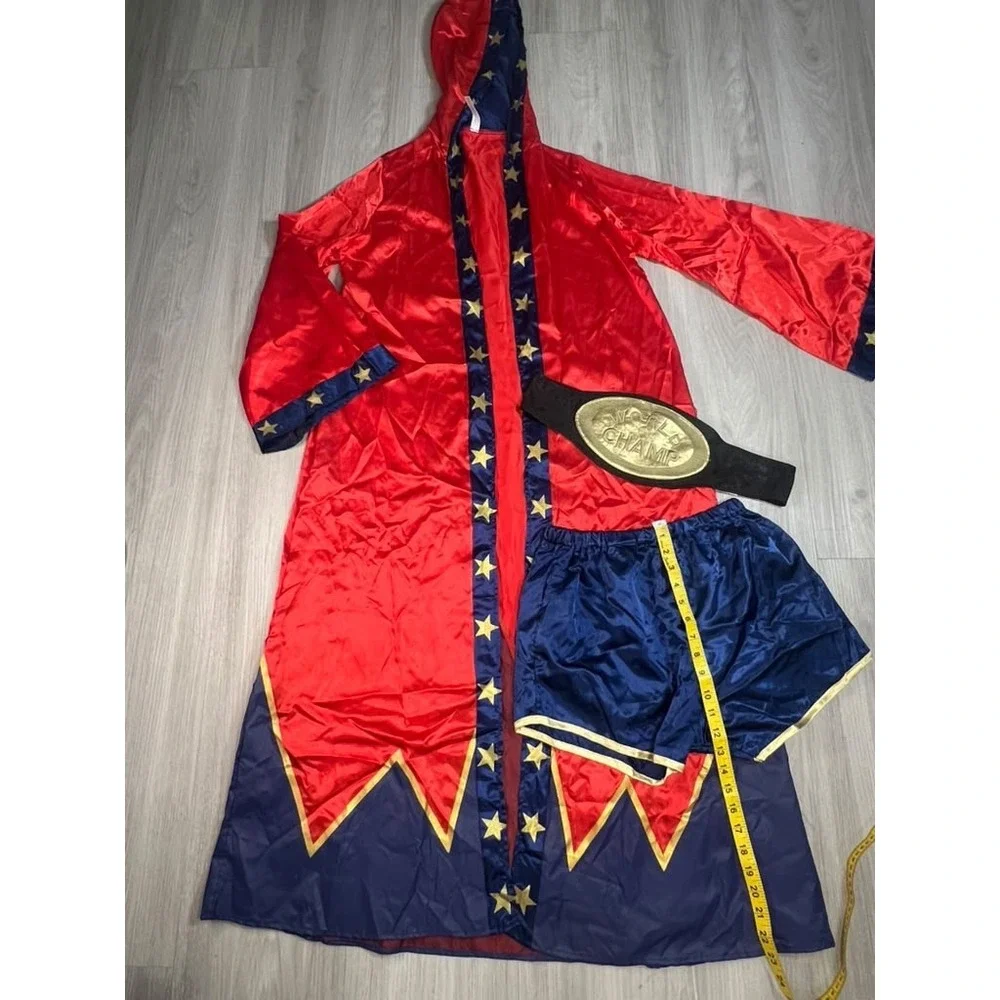 Womens Boxing Champion Costume Set Red Blue Satin Robe Shorts World Champ Belt